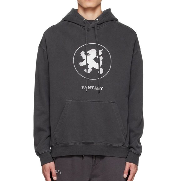 Ksubi Men's Lion Biggie Pullover Logo Hoodie Oversized Washed Cotton Faded Black